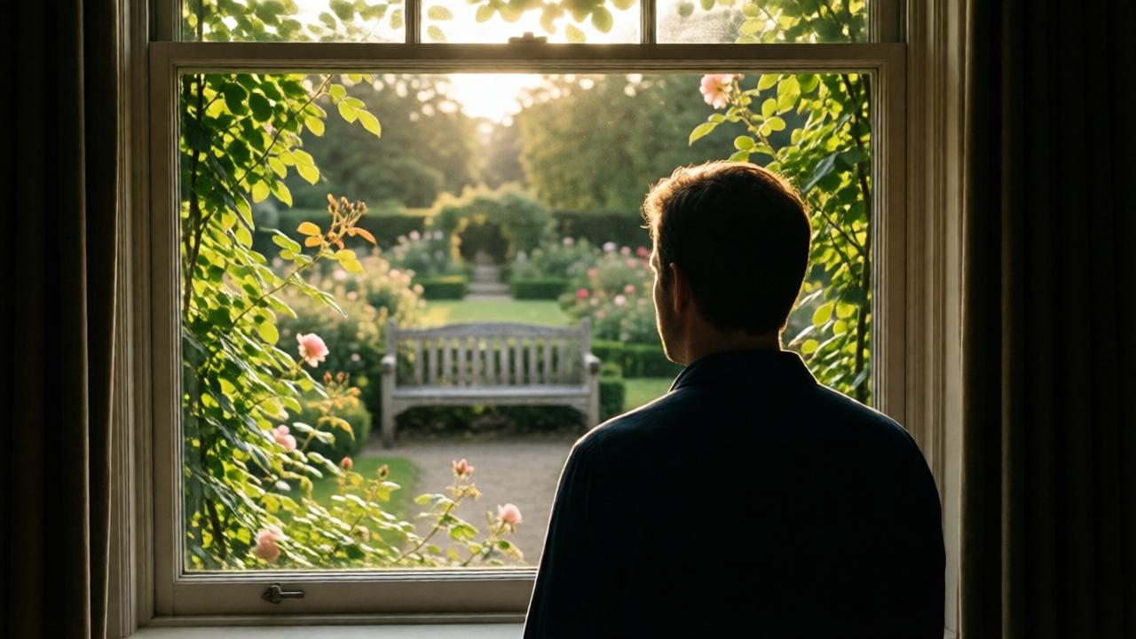 A serene, sun-dappled garden view from a large window. Joel is seen from behind, silhouetted against the light, looking out at a beautiful, orderly garden with a stone bench and rose bushes. The mood is peaceful and reflective, a stark contrast to the chaos implied behind him. Soft, golden-hour lighting filters through the leaves, creating a warm, hopeful atmosphere. The composition emphasizes his quiet solitude and the beauty of the world outside the tense room, symbolizing the clarity and peace Eleanor valued.