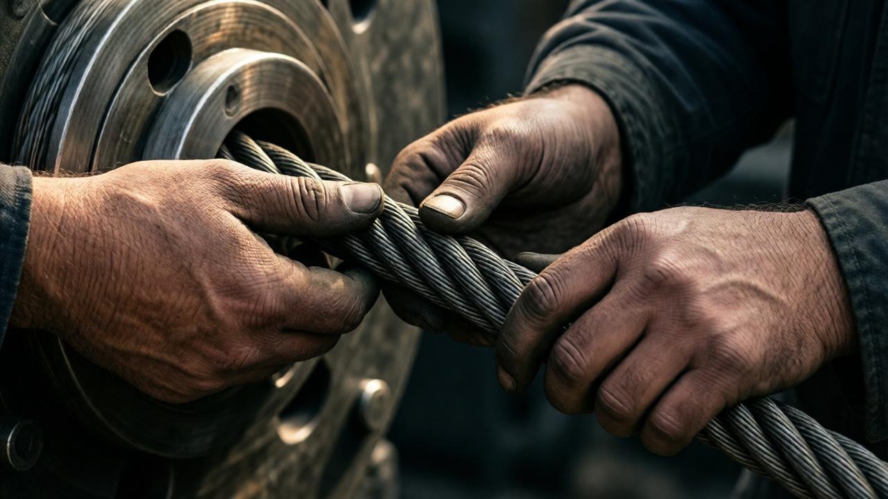 A close-up, detailed shot of a stagehand's worn, calloused hands meticulously inspecting a thick, braided steel cable against a massive metal locking mechanism. The hands are dirty, capable, and moving with deliberate care. The lighting is dramatic side-lighting from a single source, creating deep shadows that highlight the texture of the skin, the metal, and the imminent danger. The mood is focused, tense, and tactile, emphasizing skill and unseen diligence.