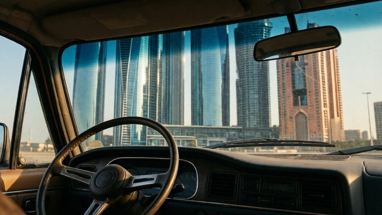 A cinematic shot from inside a dusty pickup truck, looking out through the windshield at the gleaming, reflective glass towers of a modern financial district. The contrast is stark: the truck's worn steering wheel and simple dashboard in the foreground, the luxurious, imposing skyscrapers in the background. The mood is contemplative and purposeful. Lighting is dramatic, with late afternoon sun creating long shadows and glinting off the distant glass. Color palette contrasts warm, earthy browns inside the cab with cool blues and grays of the city. Composition uses the truck's frame to 'frame' the cityscape.