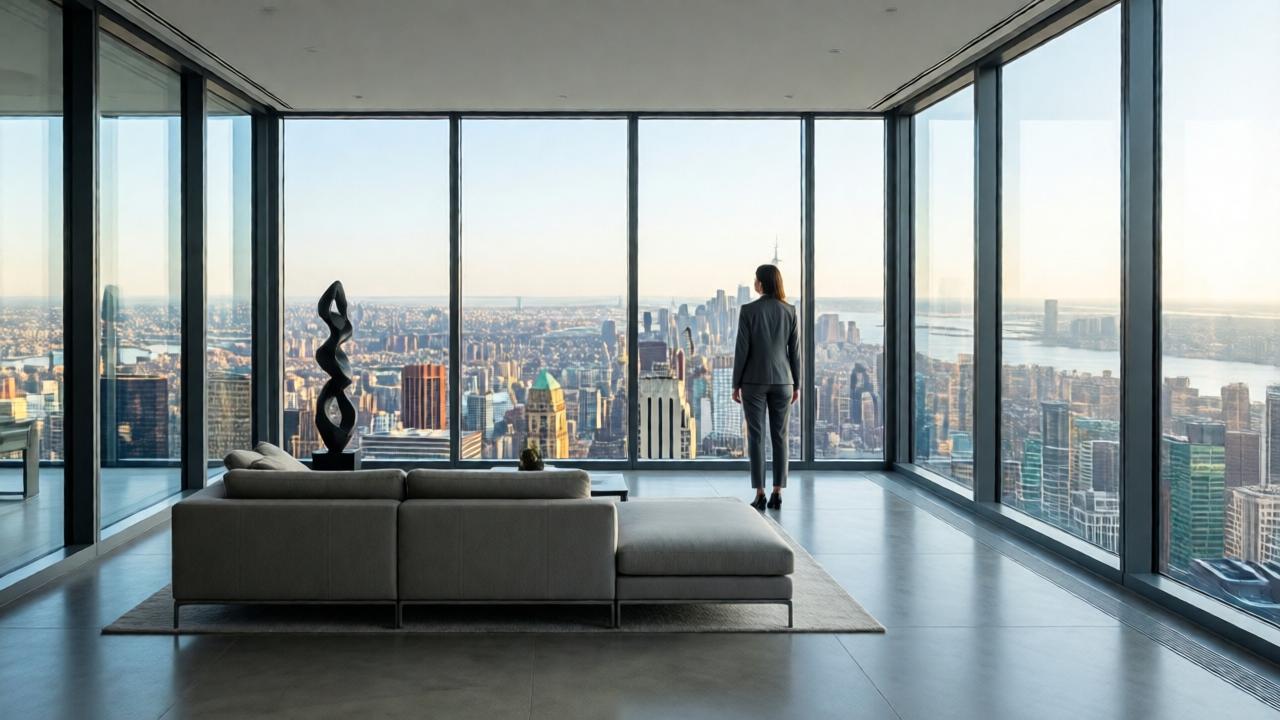 A wide-angle view from inside a luxurious, minimalist penthouse. A young woman in a simple suit stands in awe, her back to the camera, looking out through a wall of floor-to-ceiling windows at a sprawling cityscape below. The room is spacious with a low, modern sofa, a single abstract sculpture, and polished concrete floors. The mood is one of awe and immense scale. Lighting is bright, natural morning light flooding the room. Color palette is neutral: whites, grays, and blacks, with the vibrant colors of the city providing the only contrast. Perspective emphasizes the vastness of the view compared to the woman.