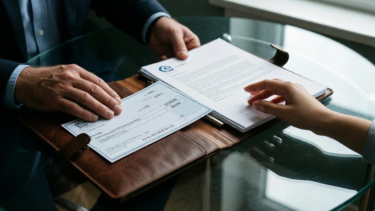 A close-up, intimate shot of a leather-bound folder being opened on a glass table, revealing two documents. One is a formal bank check with a large amount visible, the other is a job offer letter with a company logo. A man's hand, older and strong, rests near the folder. A young woman's hand is reaching tentatively toward the papers. The mood is tense, decisive, and full of potential. Lighting is soft and focused from a nearby window. Color palette focuses on the rich brown of the leather, the crisp white of the paper, and the subtle reflections in the glass. Composition is tight, making the documents and the choice they represent the entire story.