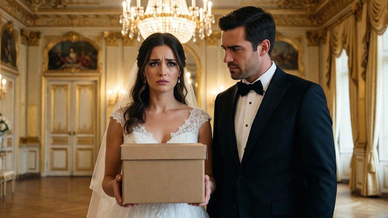 A dramatic, photorealistic scene in a luxurious wedding hall. A beautiful bride in a white gown stands center-frame, holding a simple brown cardboard box that starkly contrasts with the opulent gold and white decor. Her expression is a mix of hope and dread. Her groom stands beside her, looking skeptical and arrogant in his tuxedo. Soft, dramatic lighting from a crystal chandelier highlights the tension. The composition is intimate, focusing on their faces and the humble package.