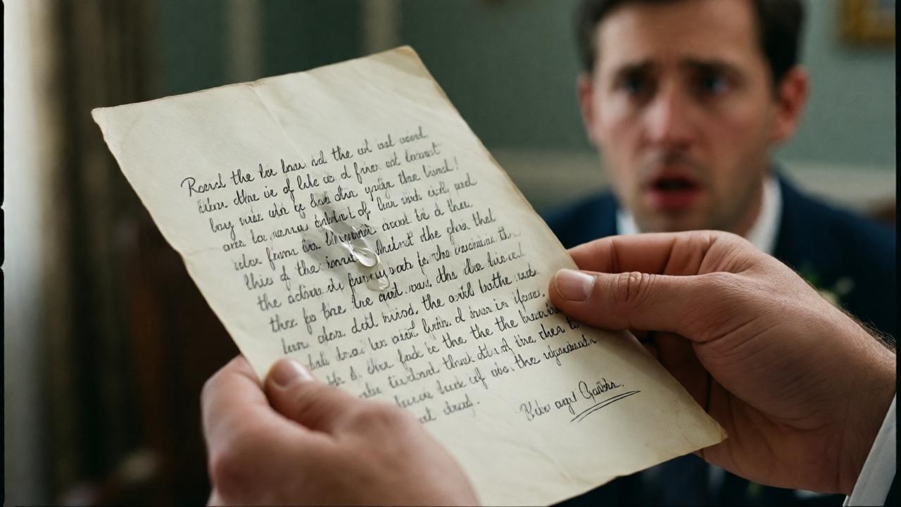 A poignant, close-up shot of the bride's hands holding a handwritten letter. The paper is slightly worn, filled with heartfelt script. A single tear falls onto the paper, slightly blurring the ink. In the soft-focus background, the blurry figure of the shocked groom can be seen. The lighting is soft and emotional, highlighting the texture of the paper and the emotion in the scene. The mood is one of heartbreaking realization and regret.