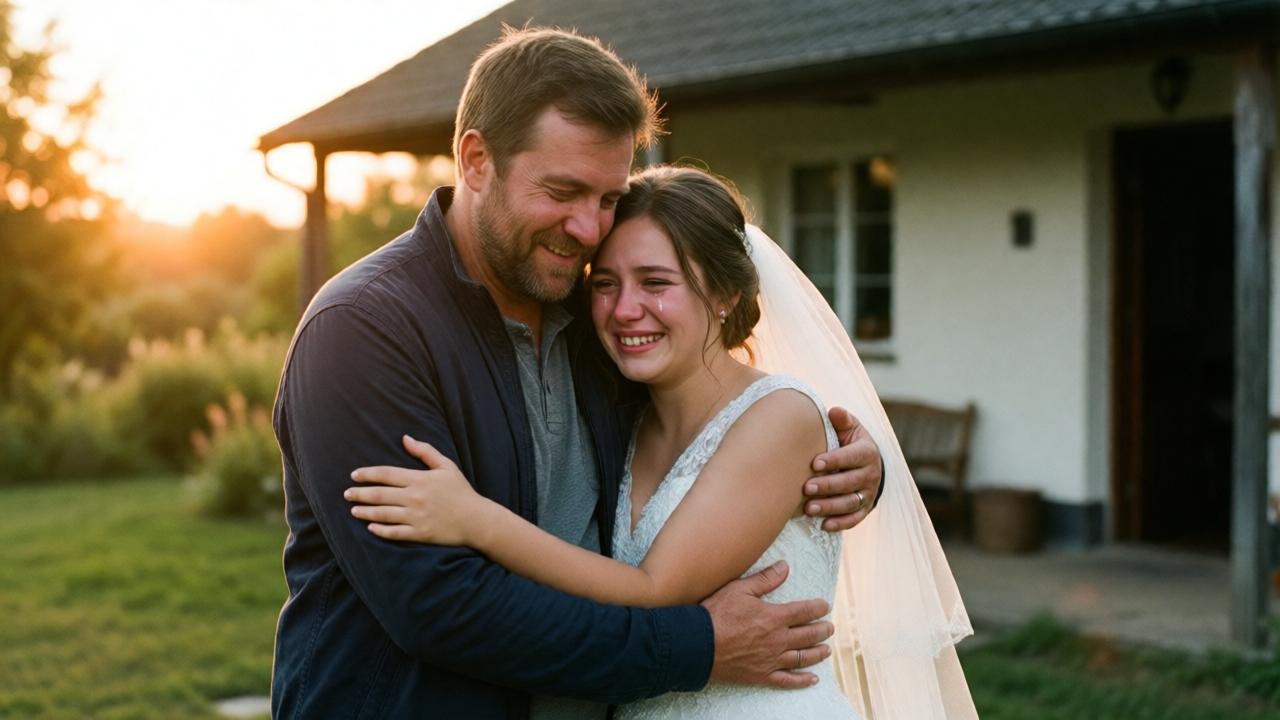 A hopeful, sunset scene outside a modest home. The father, now in casual clothes, shares a warm, forgiving embrace with his daughter, Sarah, who is out of her wedding gown and in everyday clothes. They are smiling through tears. In the soft golden-hour light, the focus is on their genuine connection and the peaceful resolution. The composition is warm and intimate, symbolizing a new beginning built on honesty and love.