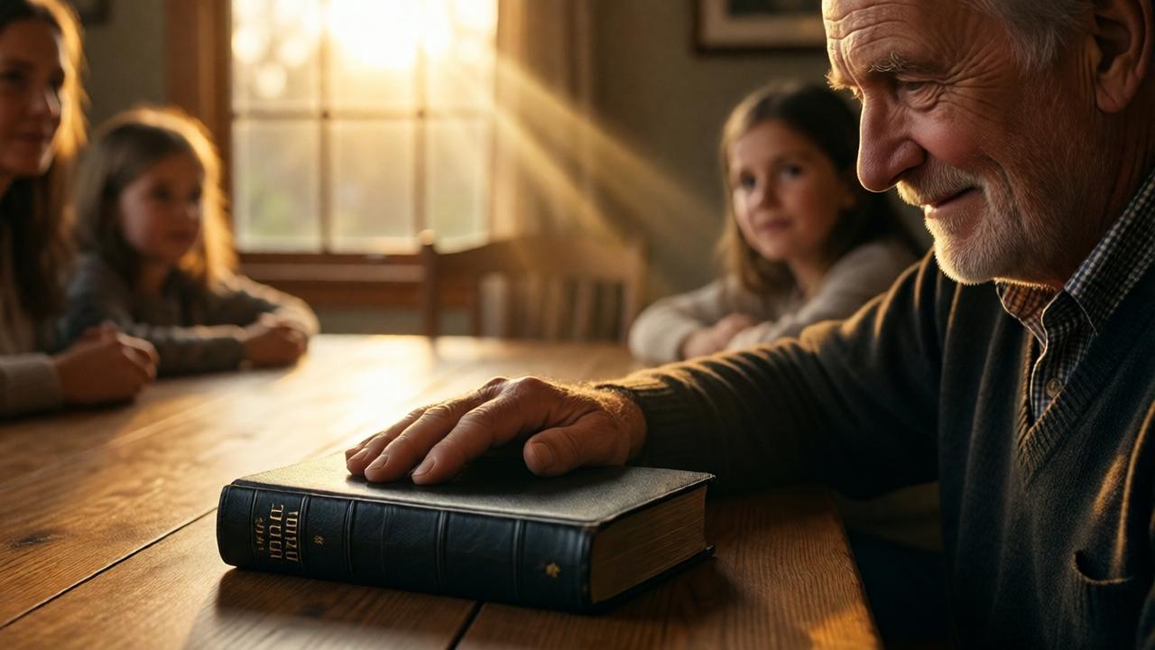 A close-up, intimate scene in a warmly lit dining room at dusk. An elderly man with kind, wrinkled eyes and silver hair sits at the head of a wooden table, his hand resting on a well-worn, small black leather Bible. A single shaft of golden hour light streams through a window, illuminating the Bible and his hands. The style is photorealistic with a soft, hopeful mood. The composition focuses on the connection between the man's hands and the book, with blurred family members in the background looking on with anticipation.