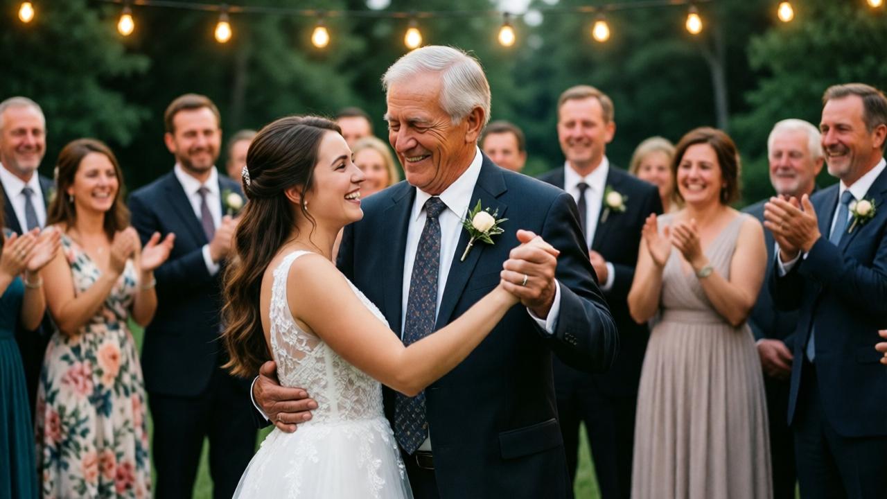 A powerful, emotional scene at a rustic outdoor wedding reception under string lights. The grandfather, now standing tall in a neat suit, is dancing a slow, joyful dance with his young adult granddaughter in her white wedding dress. They are smiling and laughing, surrounded by a blurred circle of clapping, tearful family members. The style is a candid photograph with a shallow depth of field, focusing on the dancing pair. The mood is triumphant and deeply emotional, with warm lighting from the fairy lights creating a magical atmosphere.