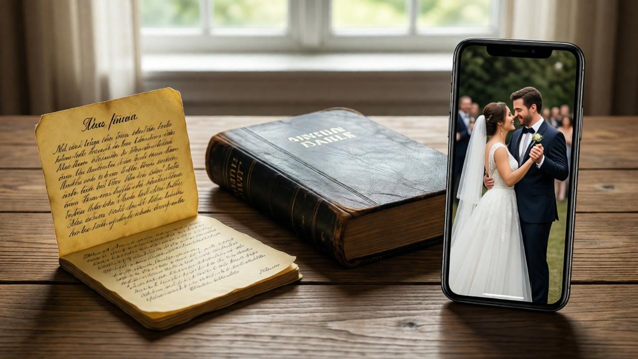 A symbolic still life composition on a wooden desk. On the left, the old, yellowed handwritten prayer note is carefully unfolded. In the center, a worn black leather Bible lies open. On the right, a modern smartphone screen displays the joyful wedding dance photo. Soft morning light from a window illuminates the scene, connecting the past, the promise, and the present fulfillment. The style is evocative and detailed, with a mood of peaceful completion and legacy.