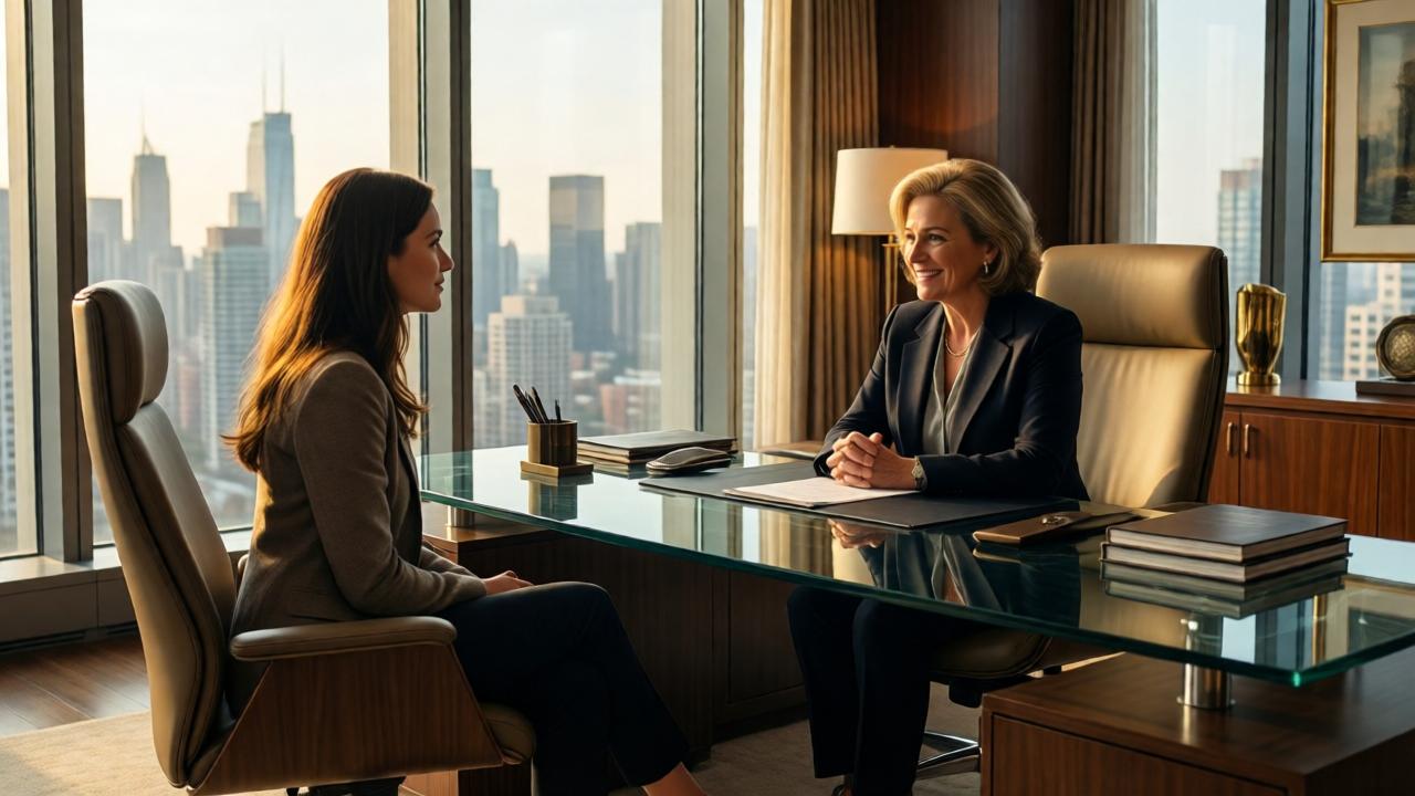 A detailed, cinematic scene in a luxurious CEO's office. A young woman, Clare, sits in a sleek modern chair across from a large glass desk. The CEO, an elegant woman in her 50s, smiles warmly, her hands folded. Sunlight streams through floor-to-ceiling windows, illuminating a stunning city skyline view. The mood is one of revelation and quiet awe. The color palette is warm, with rich browns, gold accents, and soft daylight. Shot from a medium angle, capturing the profound connection between the two women.