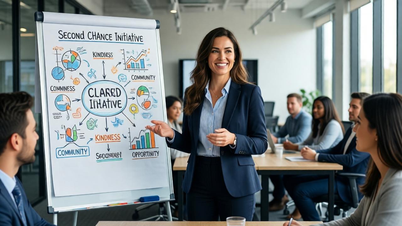 A motivational office scene. Clare, now dressed in professional attire, stands confidently by a whiteboard in a modern meeting room. She is presenting the 'Second Chance Initiative' to a small, engaged team. The whiteboard is filled with colorful diagrams, words like 'Community,' 'Kindness,' and 'Opportunity.' The lighting is bright and energetic. The mood is hopeful and innovative. The composition focuses on Clare as a leader, with her team listening attentively in the background.