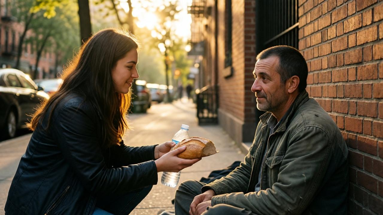 A warm, cinematic street scene in a bustling city during golden hour. A young woman with long dark hair kneels down to offer a loaf of bread and a water bottle to a homeless man sitting against a brick wall. The man has a clean-shaven face, tired but kind eyes, and wears a worn jacket. Sunlight filters through trees, casting soft shadows. The mood is tender and hopeful, with shallow depth of field focusing on the exchange. Colors: warm golds, soft browns, and muted greens. Style: realistic photography, emotional storytelling.