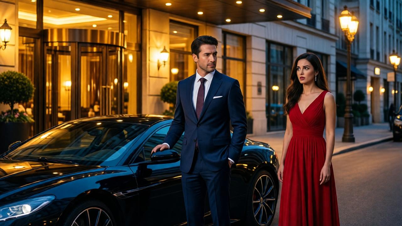 A luxurious restaurant entrance at night, with warm golden lights spilling from large glass windows. A well-dressed man in a tailored navy suit stands near a sleek black sports car under the glow of street lamps. A woman in an elegant red dress stands a few feet away, her expression a mix of surprise and disdain. The scene is glamorous yet tense, with reflections on the polished car surface. Mood: dramatic irony. Lighting: warm amber and cool blue tones. Composition: wide shot capturing the contrast between the man's calm confidence and the woman's discomfort.