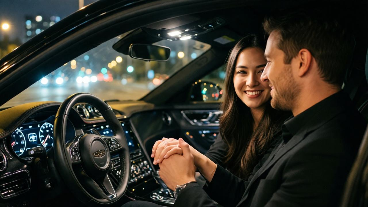 Inside a luxurious black sports car at night, illuminated by soft dashboard lights and city glow through the windshield. A young woman with long dark hair sits in the passenger seat, smiling warmly at a man in the driver's seat. The man holds her hand, his expression full of love and gratitude. The scene is intimate and romantic, with a focus on their clasped hands and the engagement ring on her finger. Mood: heartfelt and triumphant. Lighting: warm amber and cool blue from the city lights outside. Composition: close-up from a slightly low angle, capturing their faces and the bond between them.