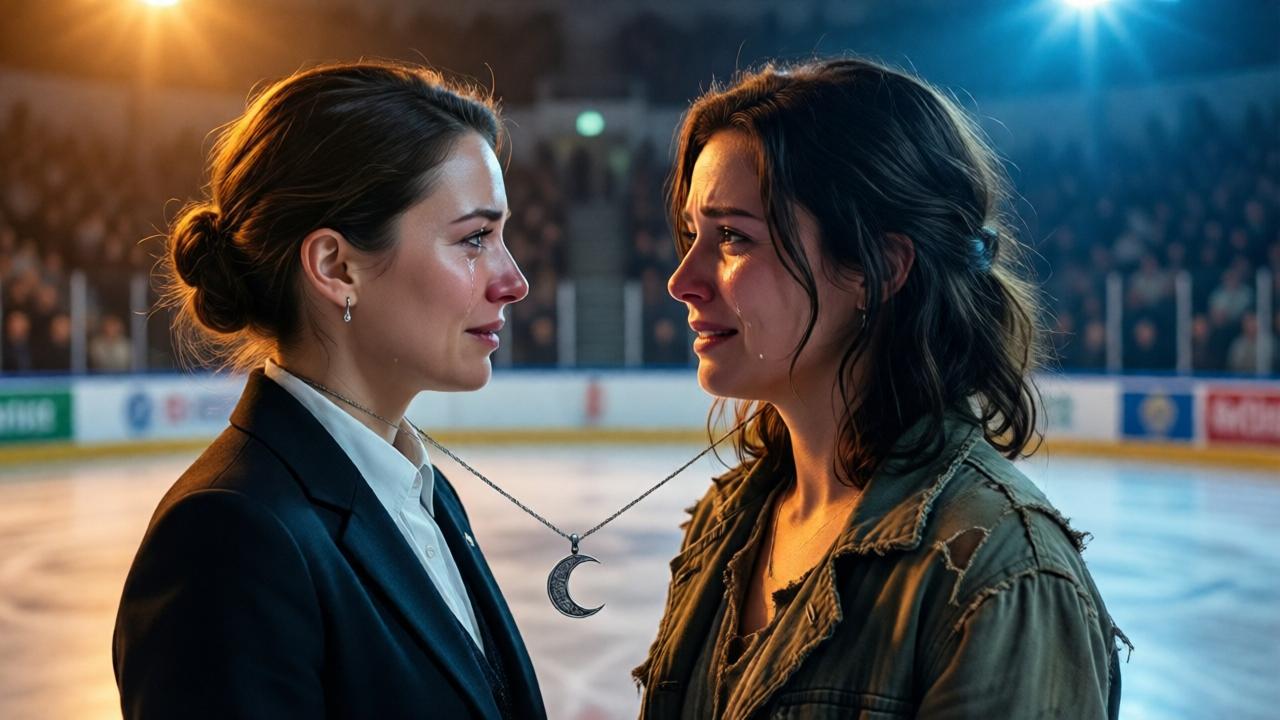 Two women facing each other on an ice rink: one in elegant judge attire, the other in ragged clothes, both with similar facial features and a silver moon pendant between them. Emotional reunion scene, tears streaming down faces, arena lights creating a halo effect around them. Warm amber and cool blue contrast, cinematic composition, shallow depth of field with blurred crowd in background.