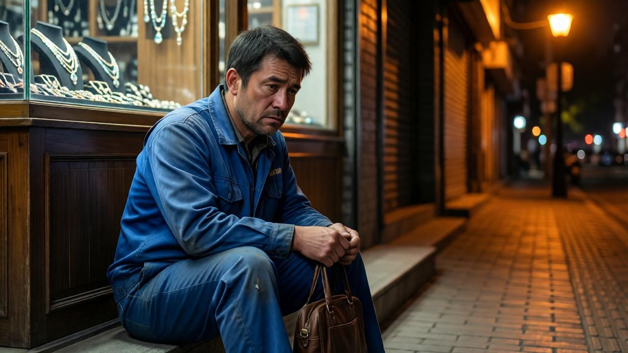A dimly lit jewelry store at night, a worn-out cleaner in a blue uniform sits on the steps outside, holding a small leather bag in his trembling hands. The streetlight casts a warm amber glow on his tired face. Behind him, the store window displays glittering jewels. The mood is tense and contemplative. Cinematic realism, shallow depth of field, warm and cool contrast, 4K.