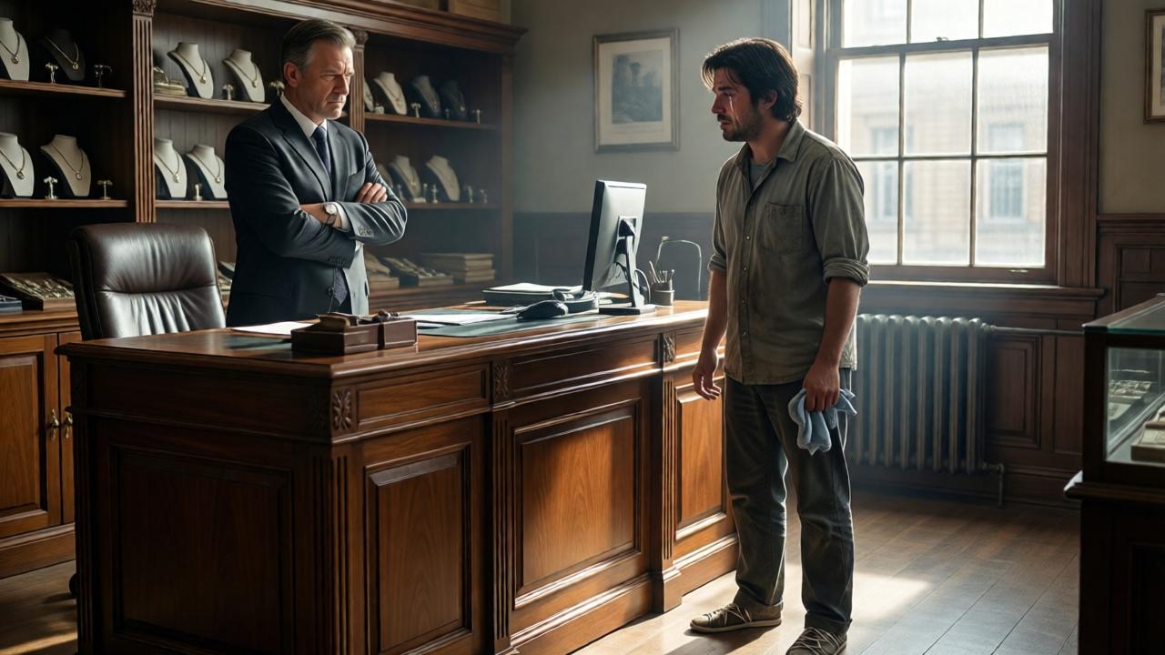 A tense office scene in a jewelry store: the owner, a stern middle-aged man in a suit, stands with crossed arms behind a polished wooden desk. The cleaner, in worn clothes and thin shoes, faces him with a tear-streaked face, holding a cleaning cloth in his hand. Sunlight streams through a window, casting long shadows. The atmosphere is heavy with accusation and sorrow. Realistic style, dramatic lighting, high contrast, 4K.