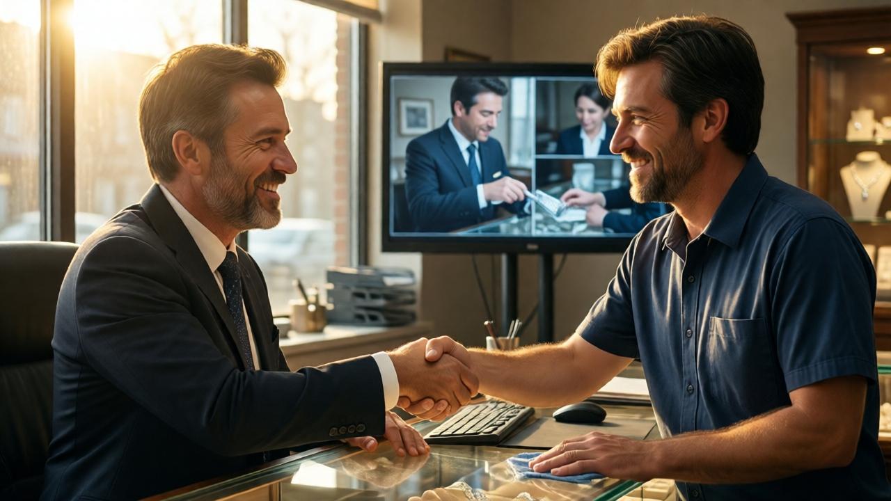 A jewelry store manager's office: the owner shakes the cleaner's hand warmly, smiling with genuine admiration. Behind them, a security monitor shows freeze-frames of the assistant stealing diamonds. Sunlight pours through a large window, illuminating the cleaner's humble but proud face. The mood is triumphant and emotional. Cinematic composition, warm golden light, close-up on the handshake, 4K.