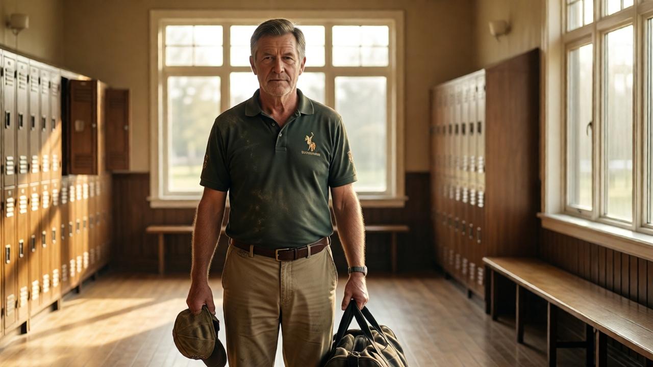 A weathered middle-aged man in a dusty polo club uniform, standing alone in a sunlit clubhouse with polished wooden floors and rows of lockers, holding a worn cap and a duffel bag, his expression calm but resolute, soft morning light streaming through large windows, warm earthy tones of brown and gold, cinematic composition with a slight low angle to emphasize his quiet dignity