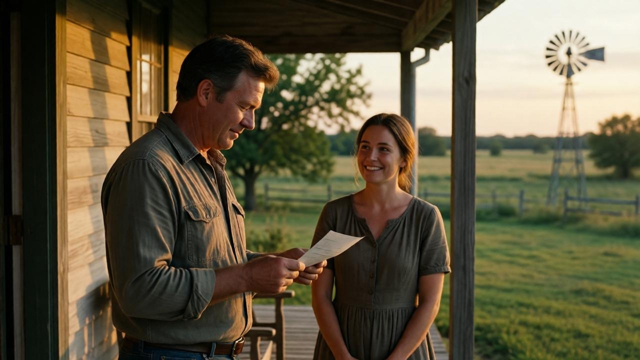 A man in his 50s standing on the porch of a small wooden house at dusk, holding a letter in his hands, soft golden light from the setting sun casting long shadows, a woman in a simple dress standing beside him with a hopeful smile, rural Texas landscape with open fields and a distant windmill, warm nostalgic atmosphere, cinematic framing with shallow depth of field