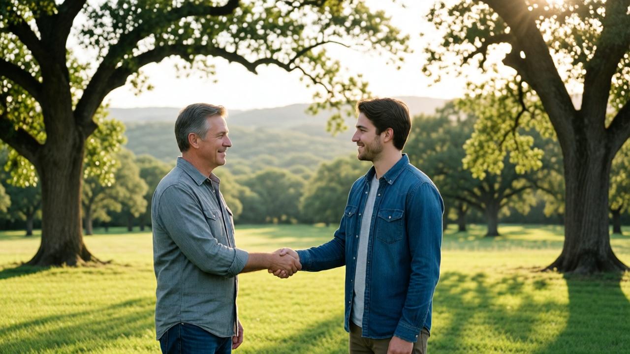 A man in his 50s and a young man in his 20s shaking hands on a sprawling green estate with ancient oak trees, rolling hills in the background, soft afternoon sunlight filtering through leaves, both men dressed casually but with a sense of dignity, warm and hopeful mood, wide landscape composition emphasizing the beauty of the Texas countryside