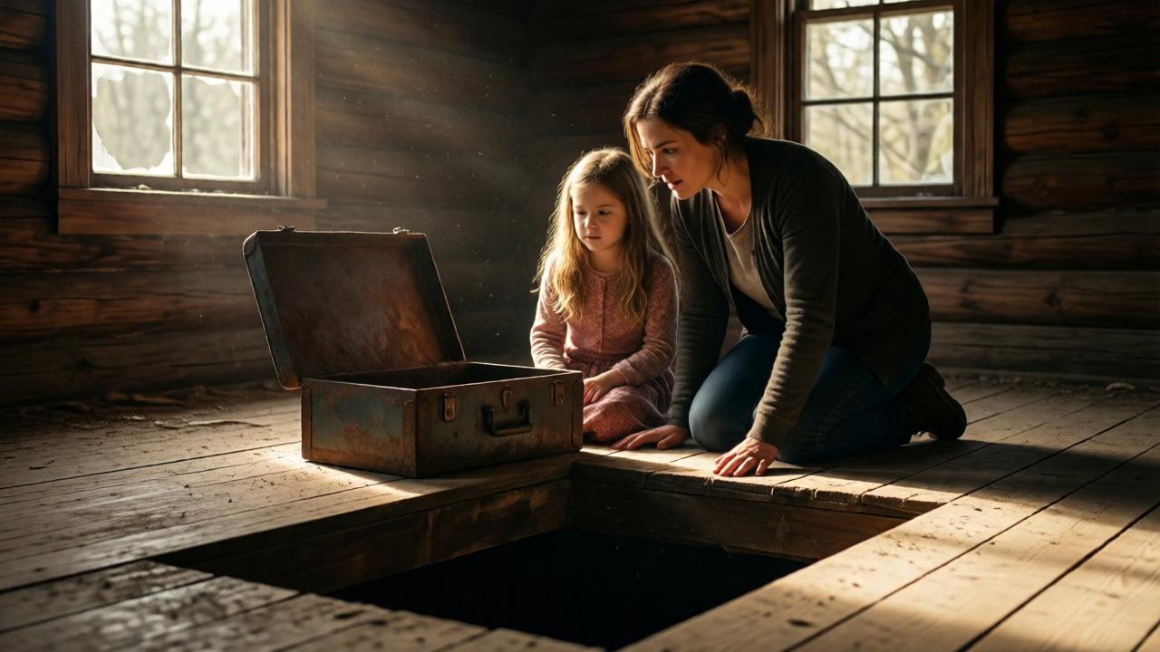 A dimly lit, abandoned wooden house interior with broken windows, dust particles floating in shafts of light, a woman kneeling on the floor beside a young girl, both looking into a dark hole under a lifted floorboard, a rusty metal box visible inside, mood of suspense and discovery, cinematic lighting, warm earthy tones, shallow depth of field focusing on the box
