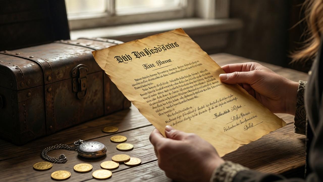 Close-up of a woman's hands holding an old, yellowed deed document with ornate script, a silver locket and gold coins scattered on a dusty wooden floor beside a rusted metal box, soft natural light from a window illuminating the paper, mood of revelation and mystery, vintage aesthetic, warm sepia tones, shallow depth of field