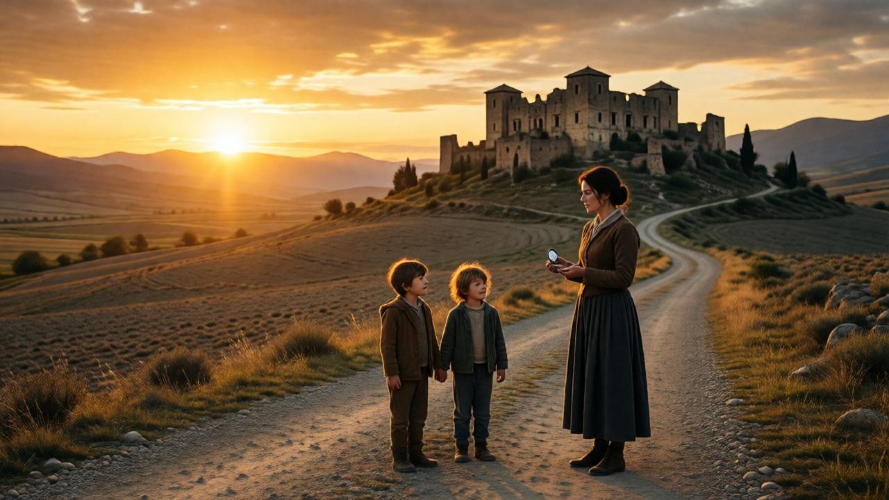 A sunrise over a barren valley with a distant, crumbling villa on a hill, a woman and two children standing on a dusty road, the woman holding a locket and looking toward the villa, the children holding hands, hopeful expressions, dramatic golden light, wide cinematic landscape, mood of determination and new beginnings, warm colors with a hint of mystery