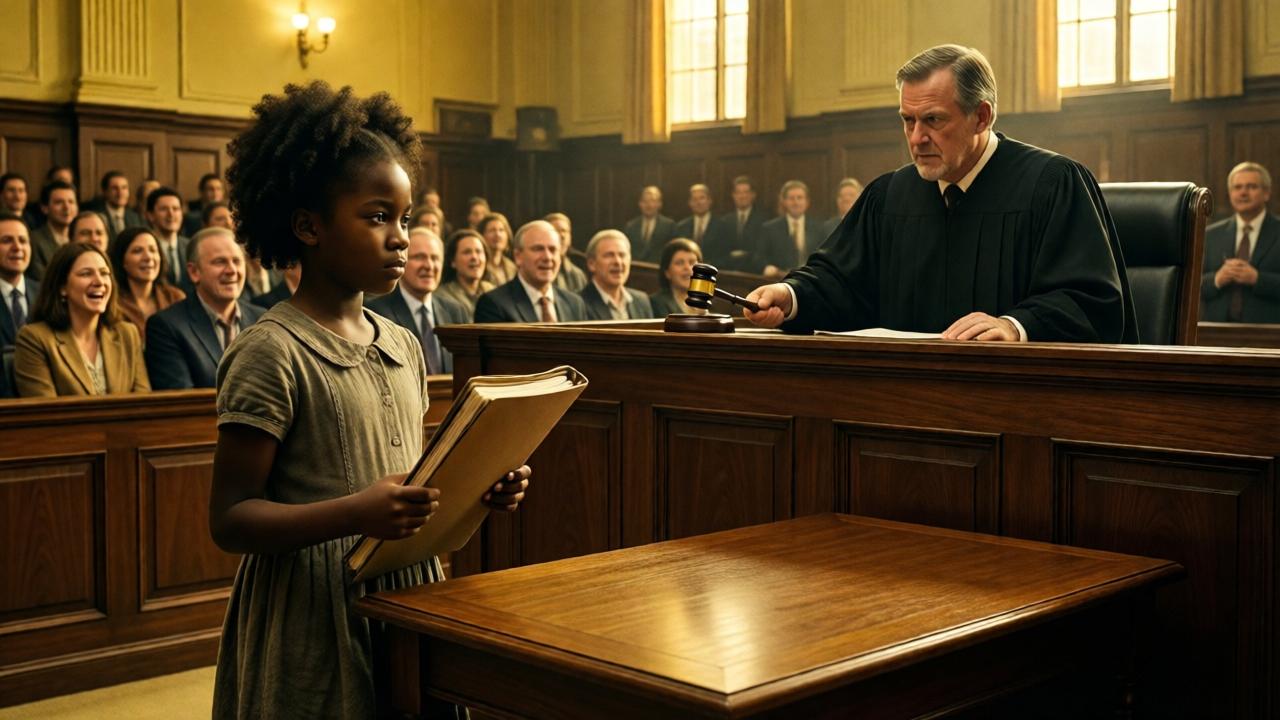 A dramatic courtroom scene: a nine-year-old black girl in a simple dress stands confidently at a wooden defense table, holding a thick binder. Behind her, a stern-faced judge in a black robe slams a gavel on a mahogany bench. The gallery is filled with diverse spectators, some laughing, some looking shocked. The lighting is harsh and yellow, casting long shadows, with a mood of tension and defiance. Cinematic composition, low angle shot emphasizing the girl's small stature against the imposing judge.