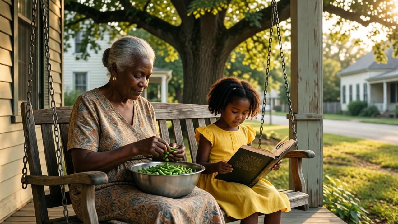 A warm, nostalgic scene: an elderly black woman with silver hair sits on a wooden porch swing, shelling peas into a metal bowl. A young black girl in a yellow sundress sits beside her, reading a thick book. The porch is shaded by a large oak tree, with sunlight filtering through leaves. The mood is peaceful and intimate, with soft golden lighting. The background shows a quiet Southern street with old houses. Photorealistic style, warm tones, and a sense of generational wisdom.