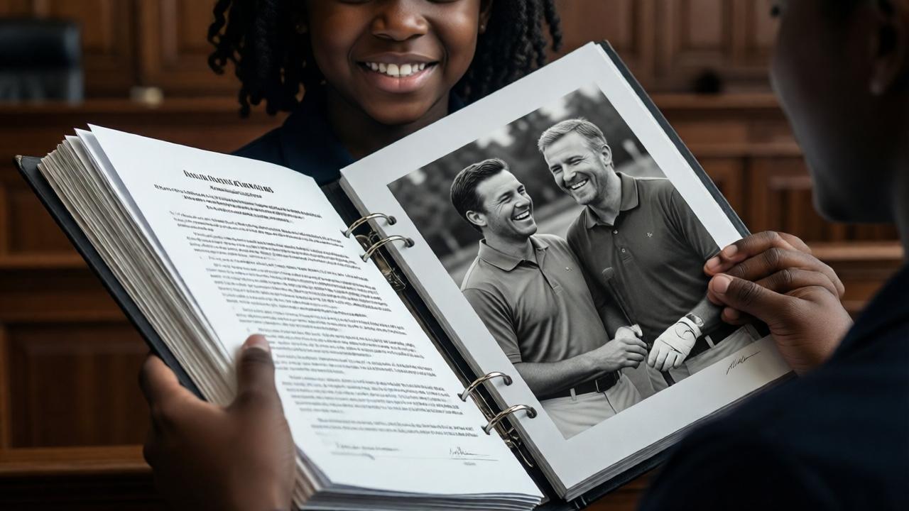 A close-up of a young black girl's hands holding a thick binder open, revealing legal documents and a black-and-white photograph. The photo shows two white men in golf attire laughing together. The girl's fingers are small but steady. The background is blurred courtroom wood paneling. The lighting is dramatic, with a spotlight effect on the binder. The mood is tense and triumphant. High detail, photorealistic, with a focus on the contrast between the child's hands and the serious legal content.