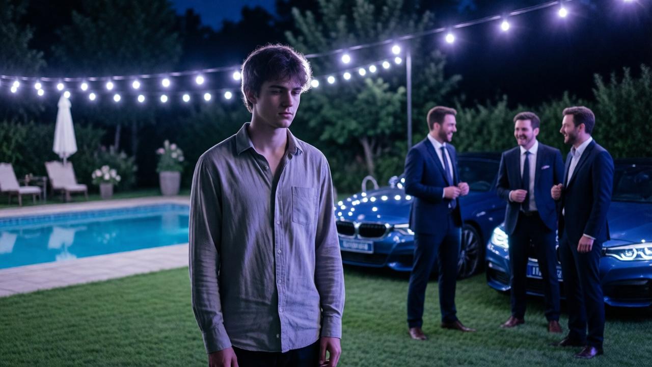 A young man in his early twenties, dressed in a simple button-down shirt, stands alone on a grassy lawn at night. Fairy lights twinkle above a pool, while in the background, three men in expensive suits laugh beside shiny BMWs. The mood is melancholic, with cool blue and purple lighting, a low-angle perspective emphasizing isolation, cinematic style with soft focus on the background.