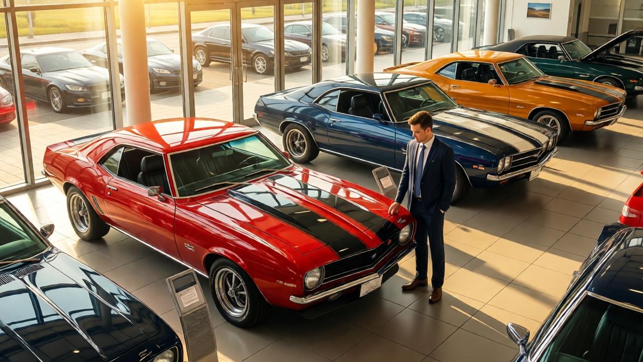 A bright, modern car dealership showroom filled with polished classic American muscle cars like 1969 Camaros and 1970 Chevelle SS models. A young man in a business suit stands proudly next to a red 1969 Camaro, inspecting it. Sunlight streams through large glass windows, warm golden tones, high-angle shot showing the entire showroom, realistic style with glossy reflections on the cars.