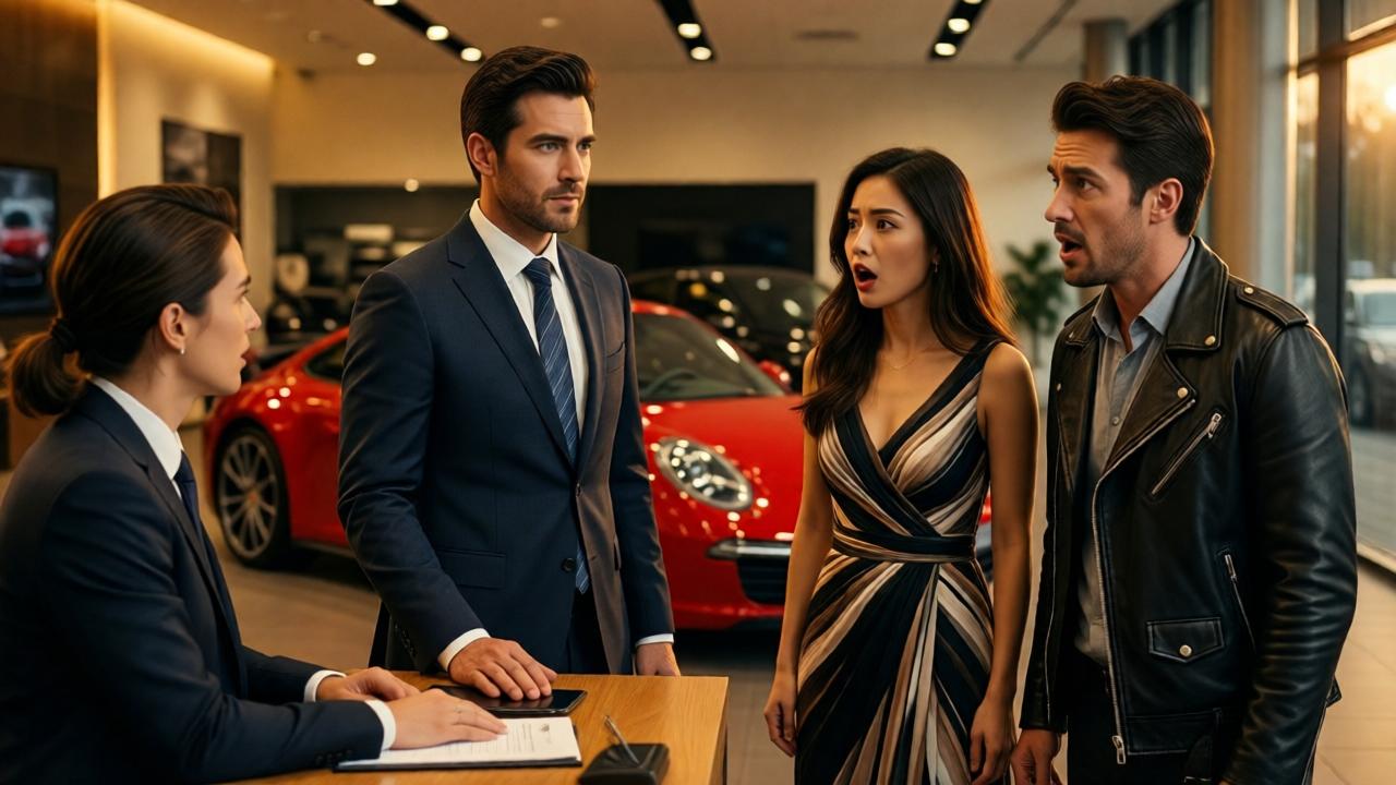 Inside a luxury car showroom, a man in a sharp business suit stands calmly next to a manager at a desk. A woman in a designer dress and a man in a leather jacket stare in shock, their mouths open. A red Porsche 911 is visible in the background. Dramatic lighting with shadows, warm amber tones, medium shot capturing the tension, cinematic style with realistic textures.