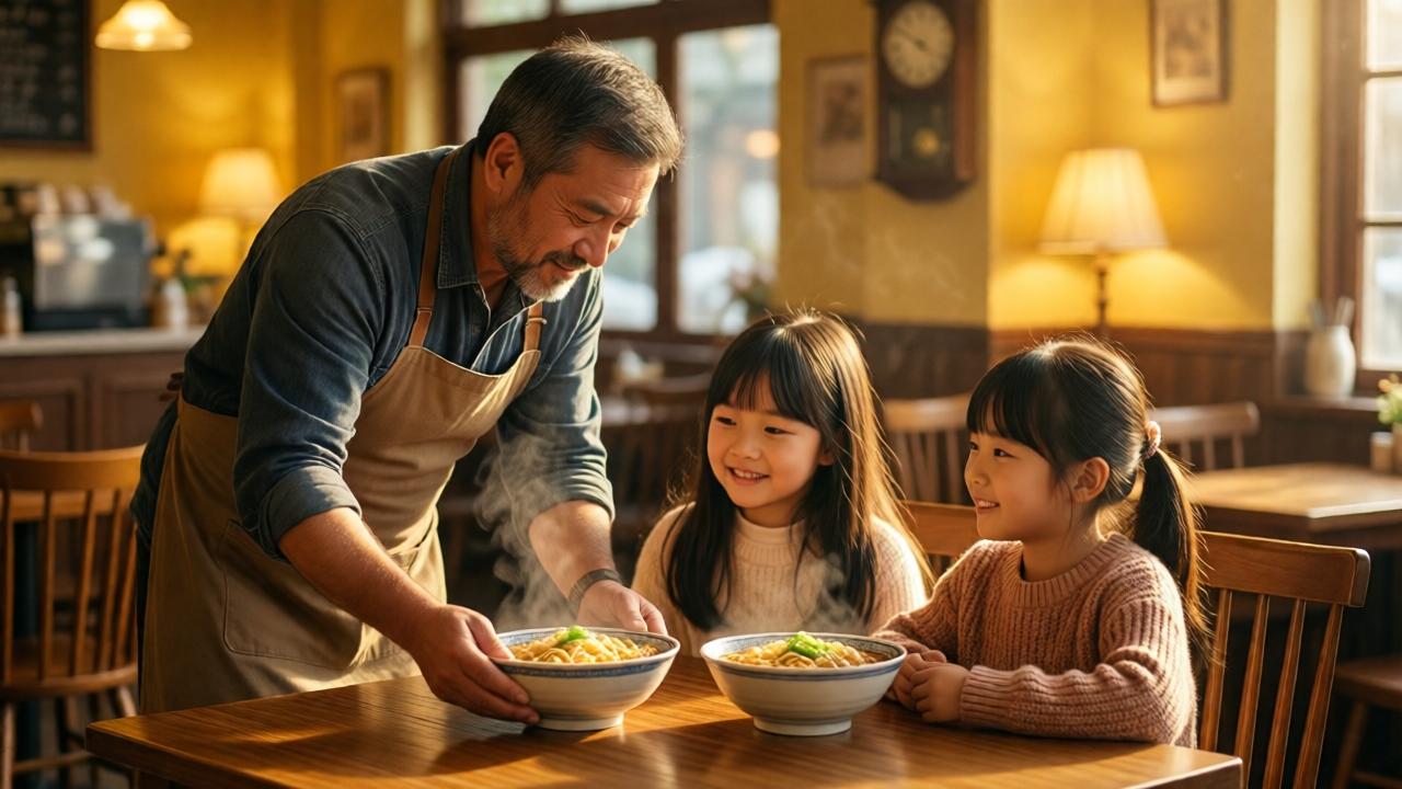 A warm, cozy cafe interior with soft yellow lighting, a middle-aged man in an apron placing two bowls of steaming noodles on a wooden table in front of two young girls with grateful expressions. The scene is emotional and heartwarming, with a slightly blurred background showing empty chairs and a vintage clock on the wall. The mood is tender and hopeful, with warm tones and soft shadows.
