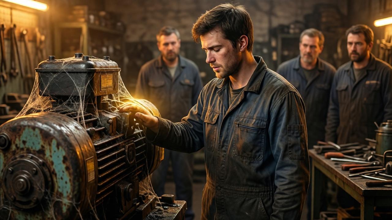 A young mechanic in oil-stained coveralls standing with his hand placed on a large, rusted industrial generator in a dimly lit workshop. His eyes are closed, lips moving in prayer. The generator is covered in grime and cobwebs, with a faint golden light beginning to glow around his hand. Background shows older mechanics watching with skeptical expressions, tools scattered on benches. Cinematic lighting, warm amber tones, dramatic shadows, realistic style, deep depth of field.