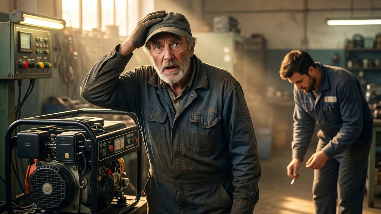 An older mechanic in his 60s, wearing a stained cap and coveralls, standing in shock next to a now-operational generator. His hand is on his hat, face pale and eyes wide. Behind him, a younger technician is picking up a fallen cigarette from the floor. The workshop is illuminated by bright, warm light from the control panel, casting long shadows. Dust particles float in the air. Photorealistic style, emotional tension, soft focus on the old mechanic's expression of awe.