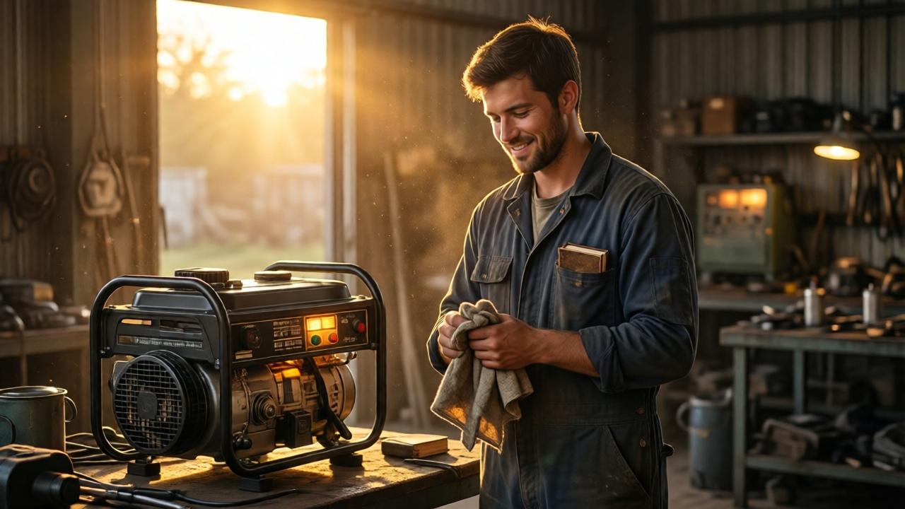 A young mechanic standing alone in a workshop at golden hour, sunlight streaming through the bay doors. He is smiling softly, wiping his hands with a rag, a small worn Bible visible in the pocket of his coveralls. The generator behind him is idle but clean, with a faint warm glow still emanating from its control panel. Dust motes dance in the light. Peaceful, reverent atmosphere, realistic painting style, warm color palette, composition focused on the contrast between the gritty workshop and the serene expression of faith.