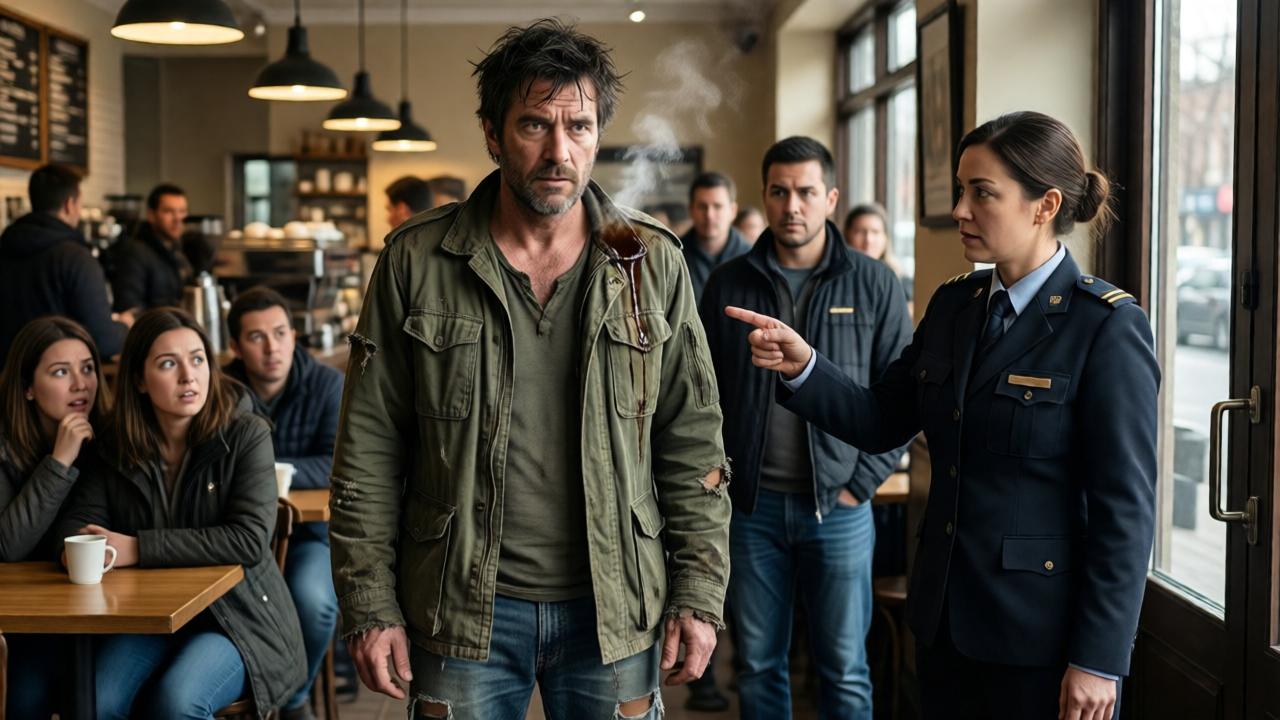 A disheveled middle-aged man in a torn army jacket and ripped jeans stands in a bright coffee shop, hot coffee dripping down his shoulder as a stern female manager in uniform points toward the door. Customers in the background stare with mixed expressions of shock, amusement, and indifference. The scene is illuminated by warm overhead lights, creating harsh shadows. Realistic style, documentary feel, muted colors with the coffee stain as a focal point. Eye-level perspective.