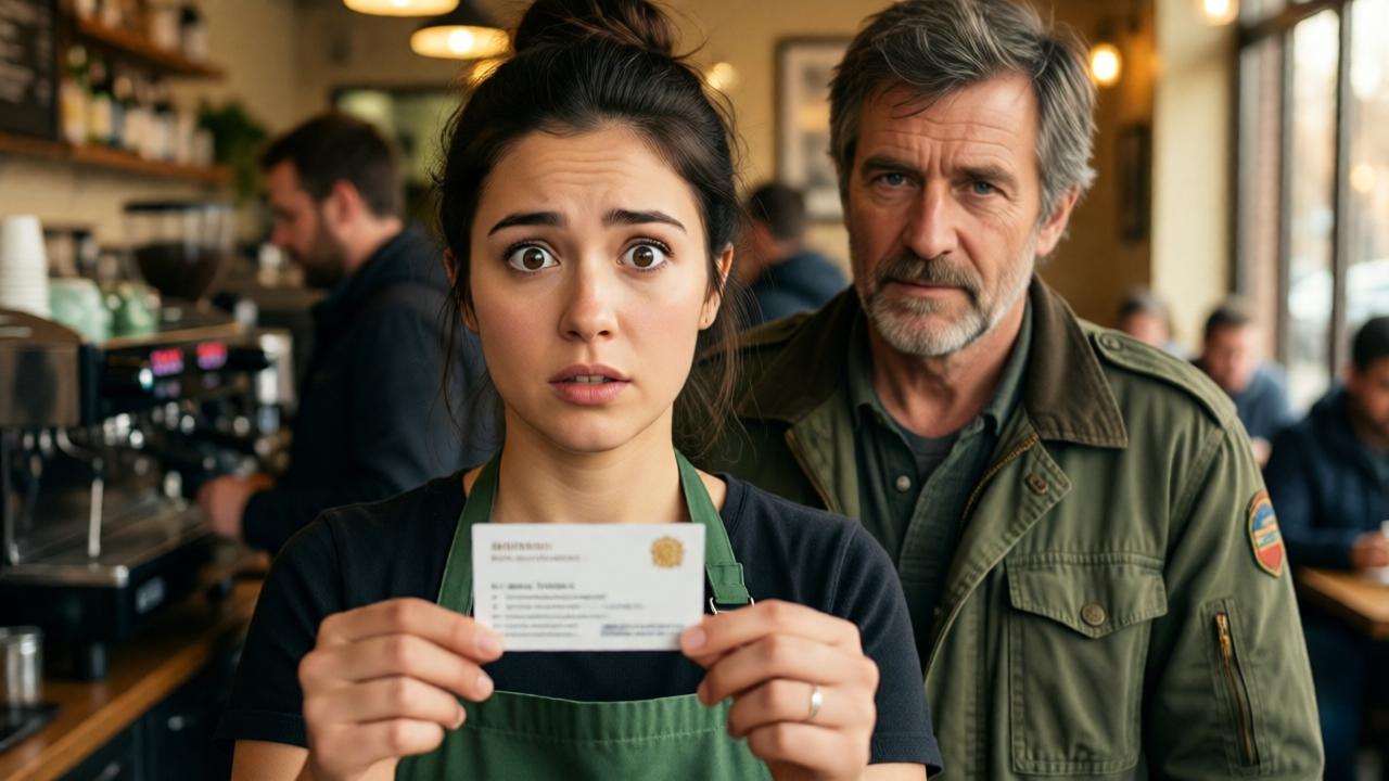 Close-up of a young female barista in a green apron holding a business card, her eyes wide with surprise and confusion. Behind her, an older disheveled man in an army jacket watches calmly. The background shows a blurred coffee shop interior with customers and coffee machines. Warm ambient lighting, shallow depth of field, realistic portrait style, focus on the card and her expression. Cinematic composition, golden-hour tones.