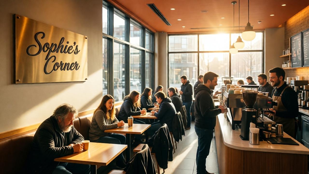 A modern coffee shop interior with a brass plaque on the wall reading 'Sophie's Corner' in elegant script. The shop is bustling with diverse customers, including a homeless person sitting comfortably at a table with a warm drink. Sunlight streams through large windows, casting a warm glow. Baristas smile and interact with customers. The atmosphere is welcoming and inclusive. Realistic architectural photography style, bright and airy, wide-angle lens, warm color palette with orange and brown tones.