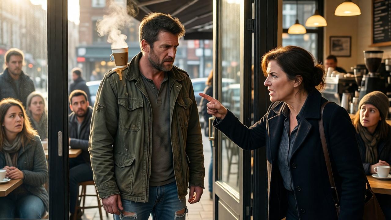 A middle-aged man in a torn army jacket and ripped jeans stands in a bright coffee shop doorway, steam rising from a spilled coffee cup on his shoulder. The manager, a stern woman in her forties, points angrily at him, her face twisted in contempt. Customers in the background stare with shock and indifference. Warm coffee shop lighting contrasts with the cold morning light streaming through the glass door. Composition is dramatic, with the homeless man as the focal point, the manager dominating the foreground. Style is realistic, cinematic, with deep shadows and harsh highlights.