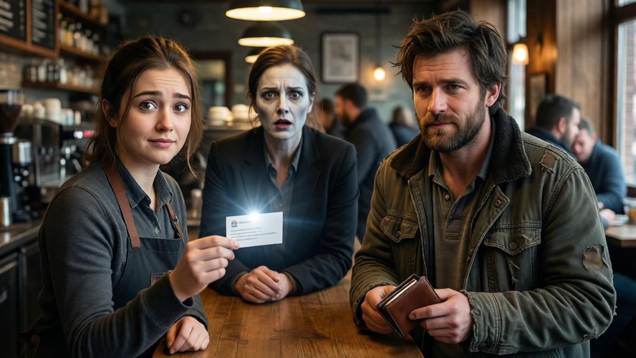 A young female barista with kind eyes holds a business card, her expression shifting from confusion to shock and a slow smile. The homeless man, now revealed as Daniel Morrison, stands calmly in his torn jacket, holding a leather wallet. The manager stands behind the barista, her face pale and horrified, mouth open. Coffee shop interior with warm wood tones, hanging lights, and blurred customers in the background. Lighting is dramatic, with a spotlight effect on the card. Composition focuses on the three characters in a triangular arrangement. Style is cinematic, emotional, with rich colors and soft focus on the background.