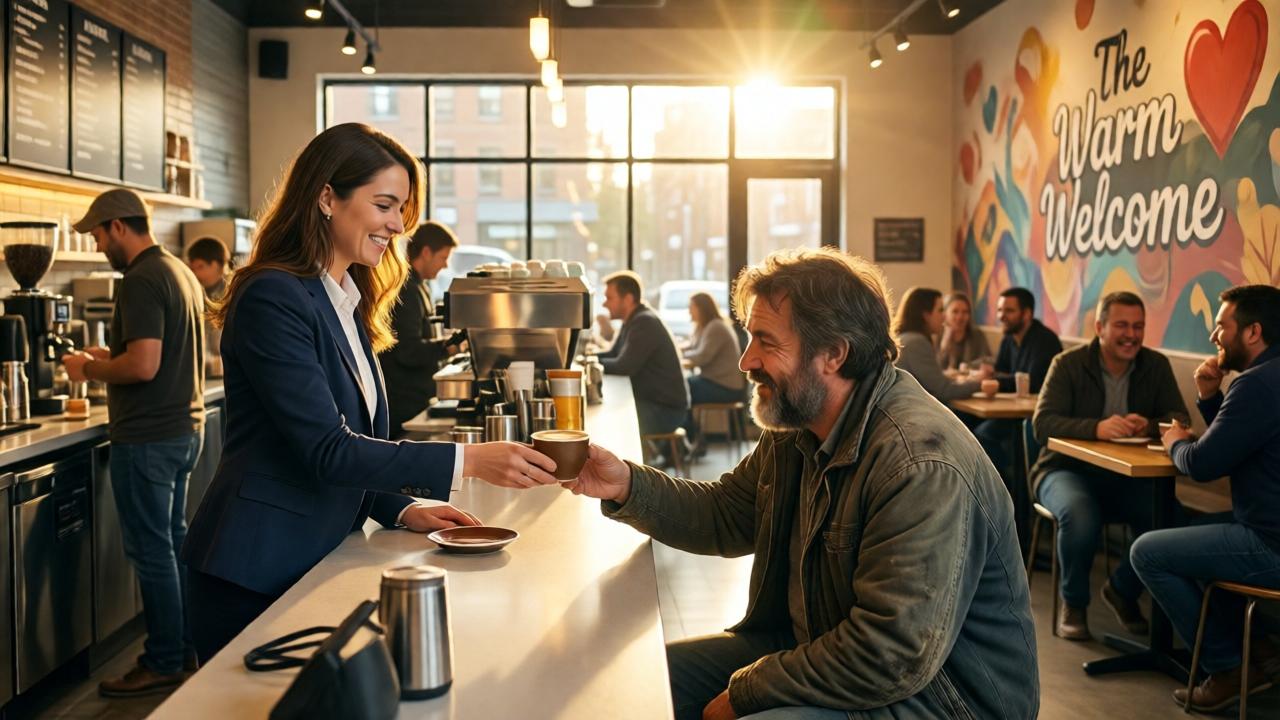 A bright, modern coffee shop interior, with a warm, inviting atmosphere. Sophie, now in a smart business suit, stands behind the counter smiling, handing a cup of coffee to a homeless man in a worn jacket. Customers of diverse backgrounds sit at tables, chatting and laughing. Sunlight streams through large windows, casting a golden glow. The walls feature a mural reading 'The Warm Welcome' with a heart icon. Composition is wide, showing the entire space, with Sophie and the homeless man as the focal point. Style is uplifting, cinematic, with vibrant colors and soft, natural lighting.