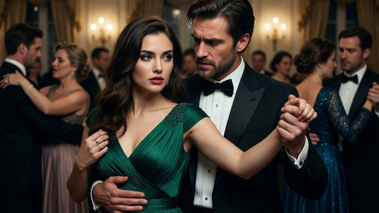 Eine junge Frau in einem smaragdgrünen Kleid wird von einem elegant gekleideten Mann am Arm gepackt, während die tanzenden Gäste im Ballsaal erstarren und die Musik verstummt – dramatische Nahaufnahme mit starkem Kontrast zwischen warmem Kerzenlicht und kalten Gesichtern, die eine bedrohliche Machtdynamik einfängt.