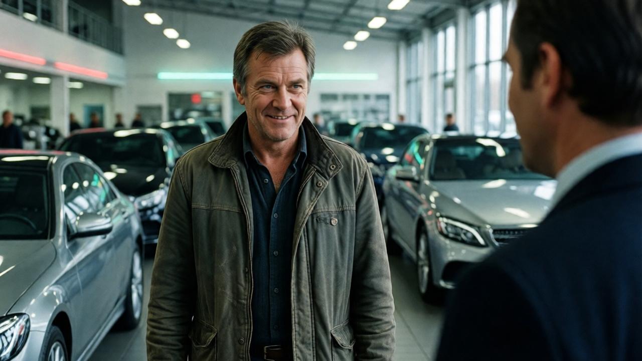 Ein älterer Mann in einer abgetragenen, staubigen Jacke steht in einem hellen Autohaus, umgeben von glänzenden Luxusautos. Ein arrogantes Lächeln des Verkäufers im Vordergrund, gedämpftes Neonlicht, leicht körnige Textur, als ob die Szene aus einem deutschen Drama der 70er Jahre stammt.