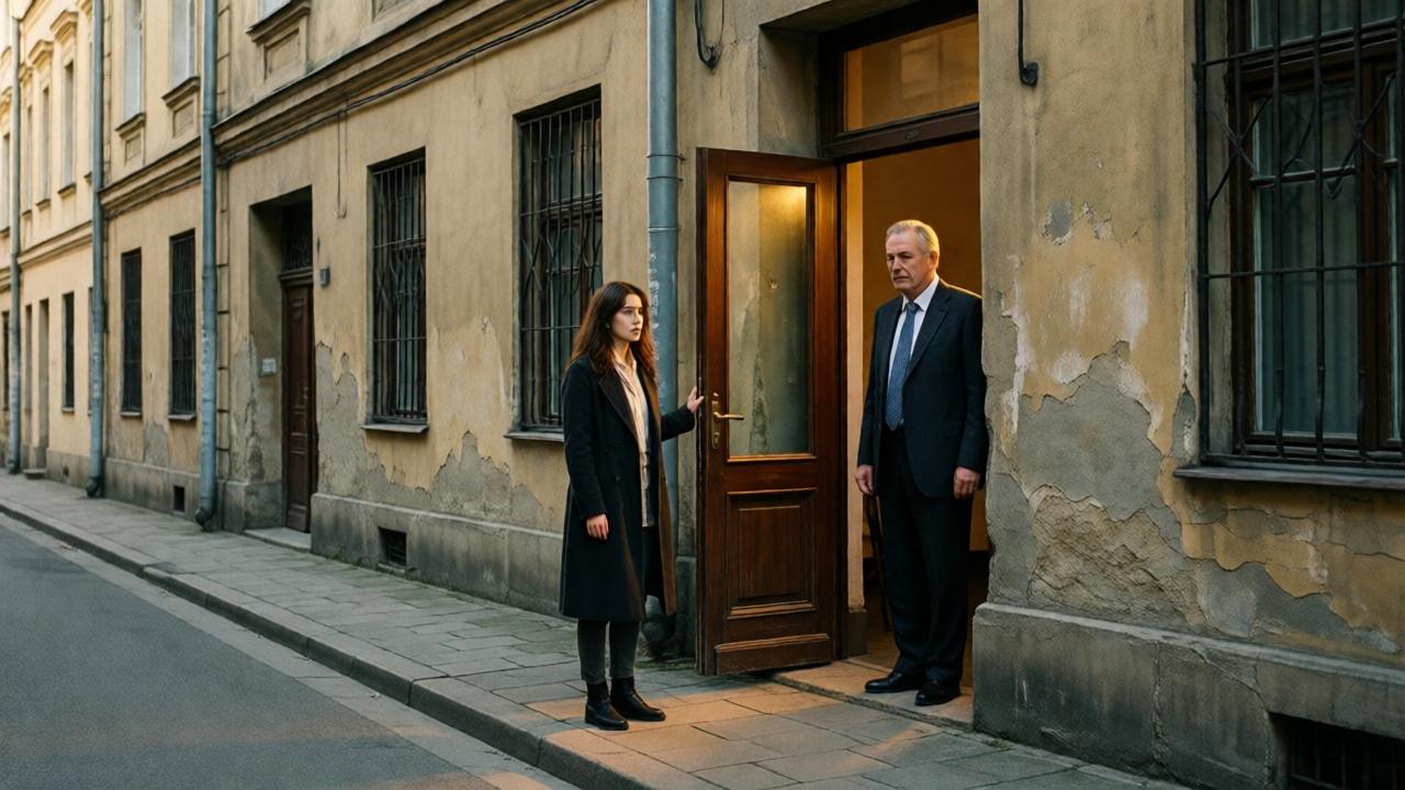 Ein unscheinbares, altes Gebäude in einer ruhigen Seitenstraße, vor dem eine junge Frau zögernd steht. Die Tür ist leicht geöffnet, warmes Licht fällt auf den Bürgersteig. Kontrast zwischen der schlichten Fassade und der eleganten Kleidung eines älteren Mannes, der im Türrahmen erscheint. Atmosphärisch, cineastisch, mit einer Prise Geheimnis.