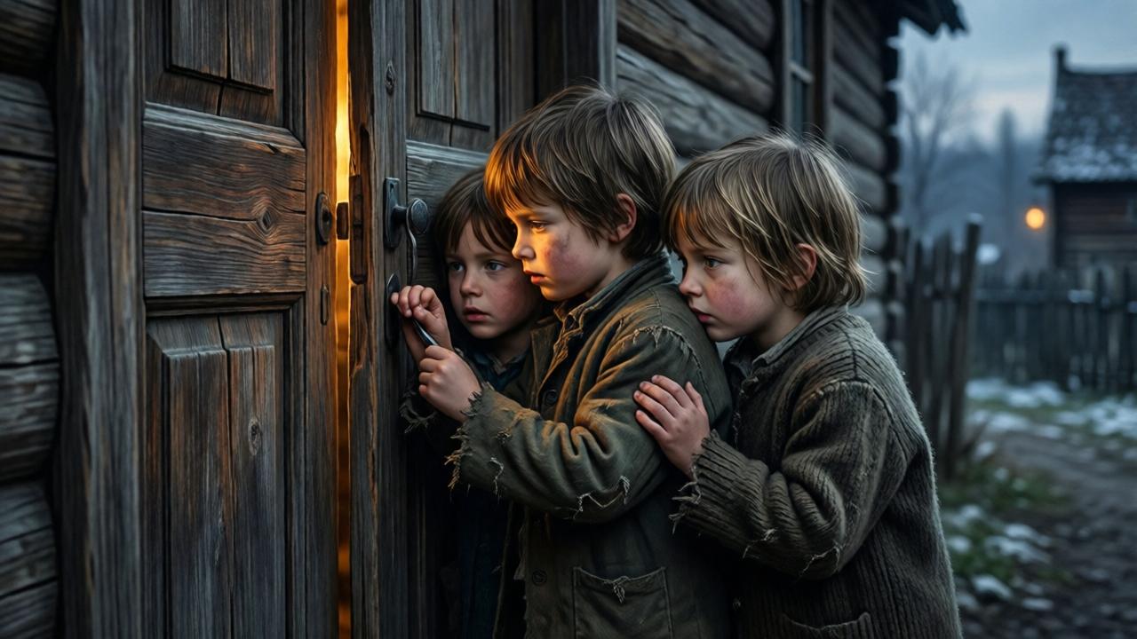 Drei zerlumpte Kinder in der Abendkälte vor einer schweren Holztür, die zögernd klopfen – stimmungsvolle Ölmalerei, warmes Licht aus dem Türspalt, gedämpfte Farben, leichte Unschärfe im Hintergrund, melancholische Stimmung.