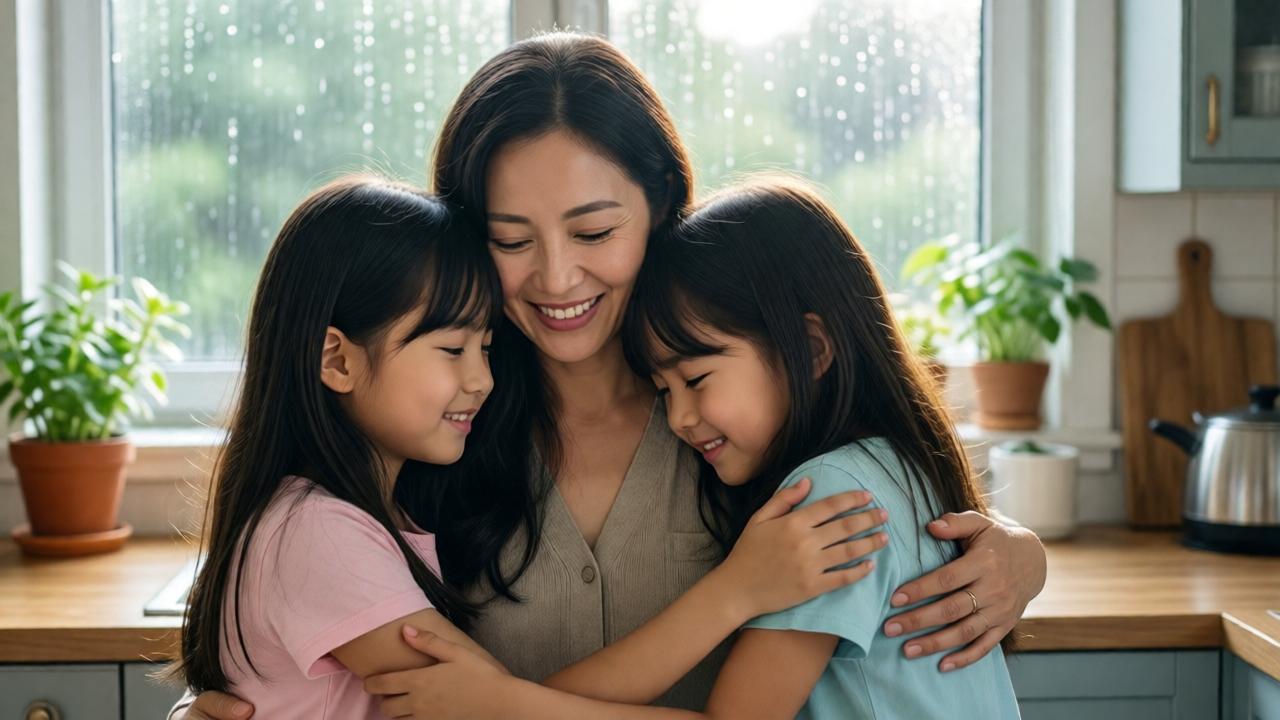 Drei Kinder umarmen innig eine Frau in der Küche, draußen fällt sanfter Regen gegen das Fenster – emotionale Nahaufnahme, pastellfarbene Akzente, weiches Gegenlicht, friedliche und reinigende Atmosphäre.