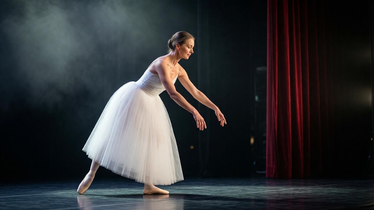 Eine ältere Ballerina in einem weißen Tüllrock steht allein auf einer dunklen Bühne, umgeben von sanftem Scheinwerferlicht, das langsam verlischt. Ihr Körper ist leicht nach vorne geneigt, die Arme elegant ausgestreckt. Die Stimmung ist wehmütig und friedlich, der rote Samtvorhang im Hintergrund verschwimmt fast mit der Dunkelheit. Fotorealistischer Stil, weiches Seitenlicht, leichte Vignette, tiefe Schatten, filmische Komposition.