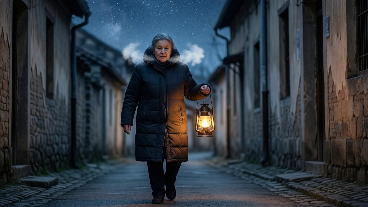 Eine ältere Frau in einem dunklen Wintermantel geht durch eine enge, alte Gasse unter einem klaren, sternenübersäten Nachthimmel. Ihr Schritt ist federleicht, fast schwebend, ihr Gesicht von einer Laterne sanft erhellt. Der Atem bildet kleine Wölkchen in der kalten Luft. Ruhige, melancholische Stimmung, leichte Unschärfe im Hintergrund, warmes Laternenlicht kontrastiert mit kalten Blautönen der Nacht, leicht erhöhte Perspektive.