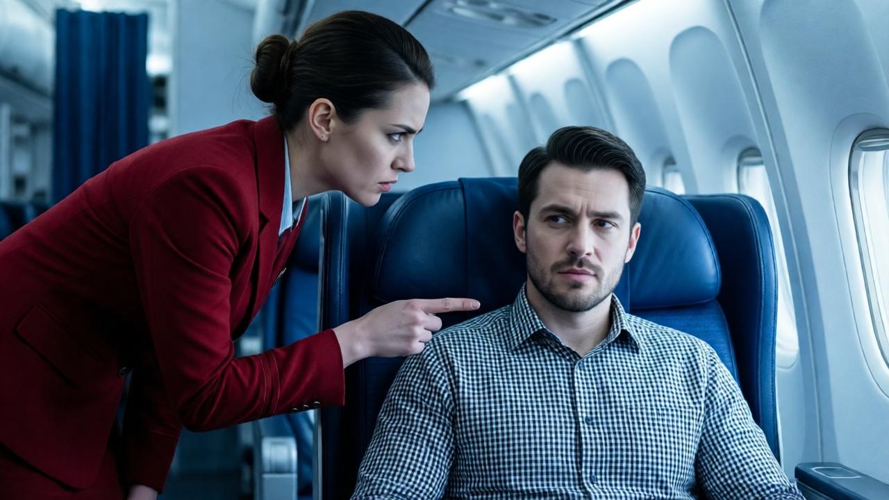 Eine Frau in roter Uniform mit strengem Dutt beugt sich vor, ihr Zeigefinger zeigt unmissverständlich auf einen Mann in kariertem Hemd, der entspannt in einem blauen Ledersitz der ersten Klasse sitzt. Das Kabinenlicht ist kühl und hart, die Atmosphäre eisig gespannt – Nahaufnahme mit flacher Schärfentiefe, die Anspannung zwischen den beiden Personen betonend.